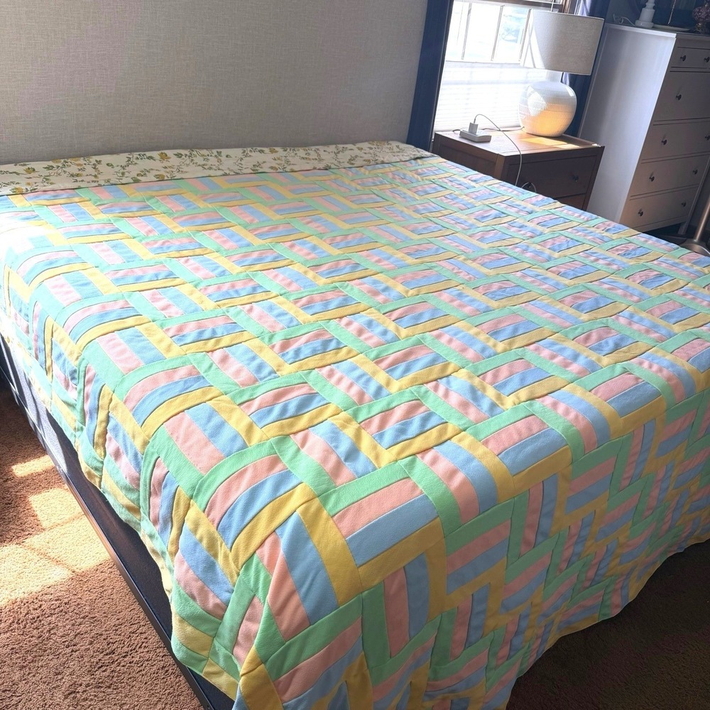 Vintage Handmade Pastel Patchwork Quilt 112x102 Retro Geometric Bedspread